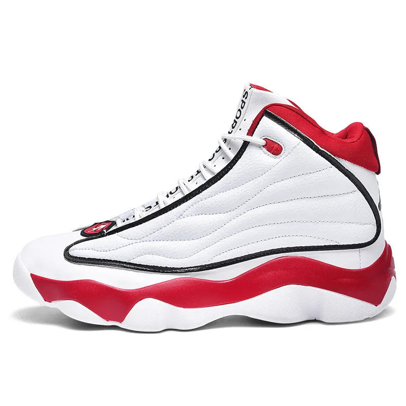 High-top basketball trainers in AJ13 colours with mesh upper and thick rubber sole.