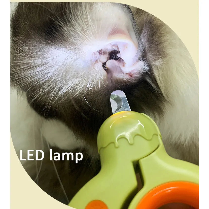 Blue pet nail clippers with LED light on, showing stainless steel blades and non-slip handles for safe dog and cat claw trimming.
