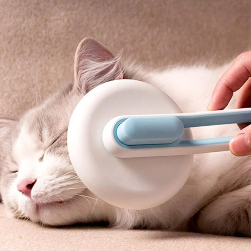 Automatic pet grooming brush with round head and stainless steel pins in blue, green, or pink.