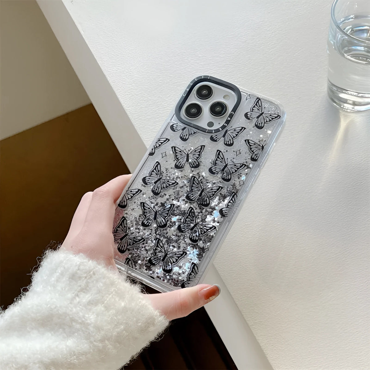 Transparent PC phone case with black butterfly creative cartoon design for iPhone