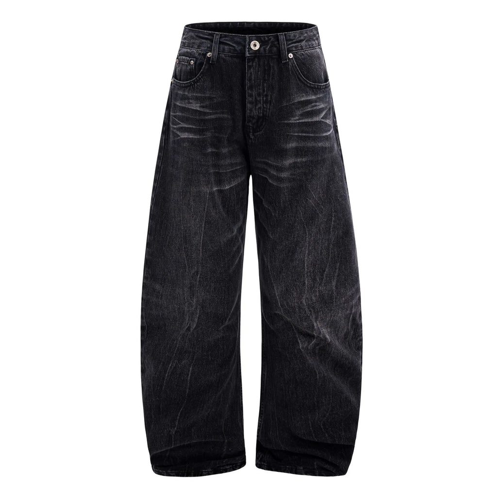 Black men's straight-leg jeans with American washed lightning crack texture