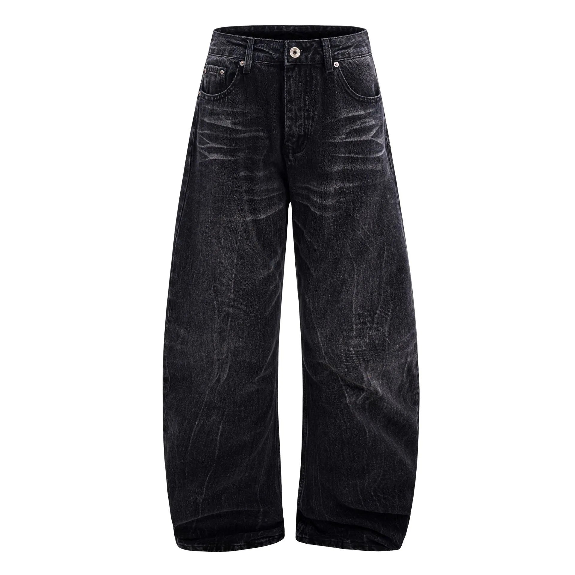 Black men's straight-leg jeans with American washed lightning crack texture