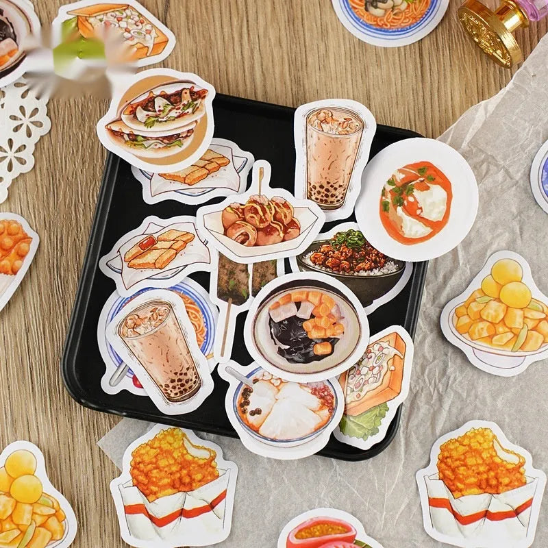 Box-packed set of 46 retro night market snacks adhesive stickers with printed designs