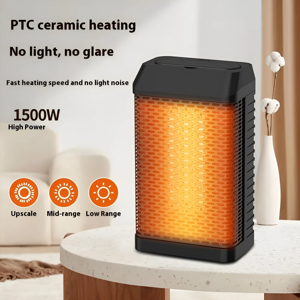 Black remote-control desk heater with shaking head on wooden desktop