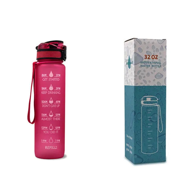 Blue and red gradient 1 litre Tritan sports water bottle with time markers and flip-top lid