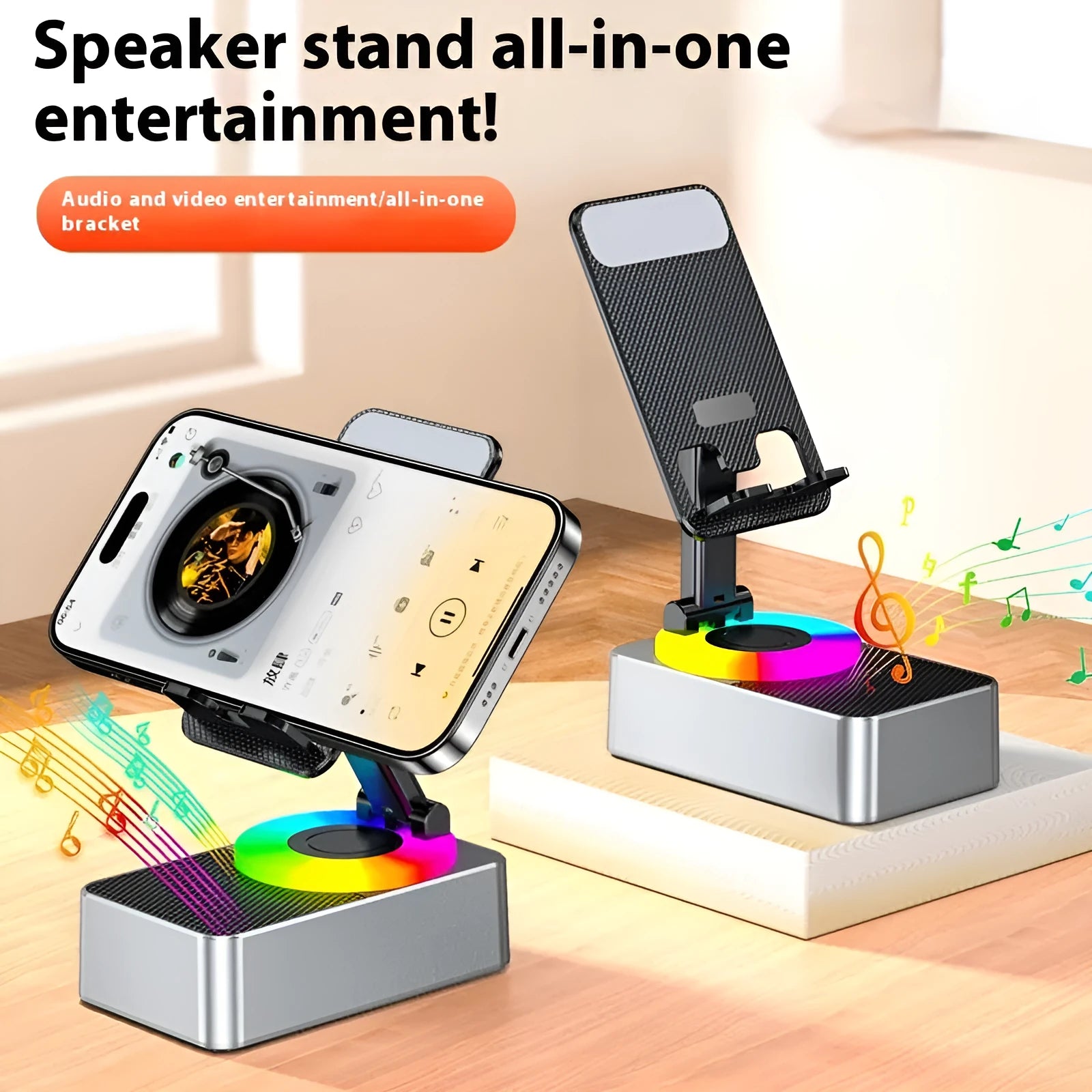 Three-in-one foldable mobile phone bracket with Bluetooth audio and power bank in Night Black plastic finish