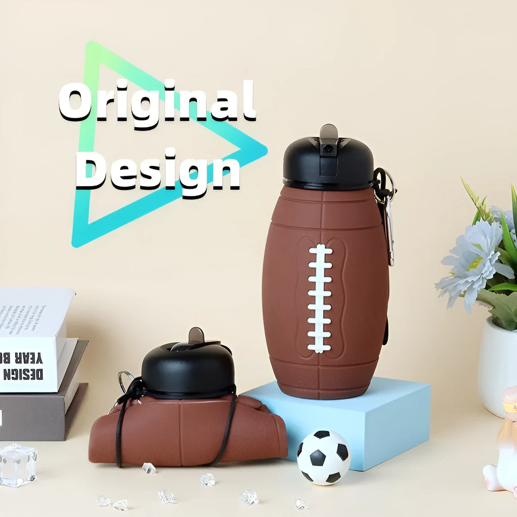 Brown rugby ball-shaped collapsible sports water bottle, 600ml, food-grade silicone, leak-proof seal, non-slip grip.