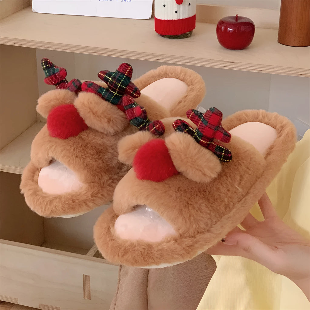 Brown women's cotton suede slippers with a cartoon deer print and PVC sole.