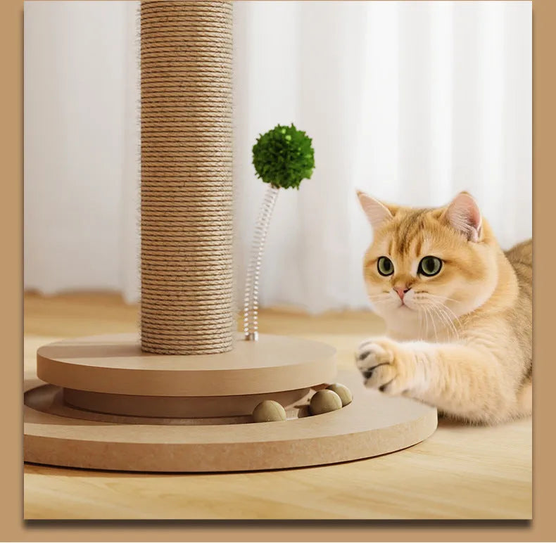 Vertical cat scratching post with natural hemp rope wrap in a canna colour on a simple frame.