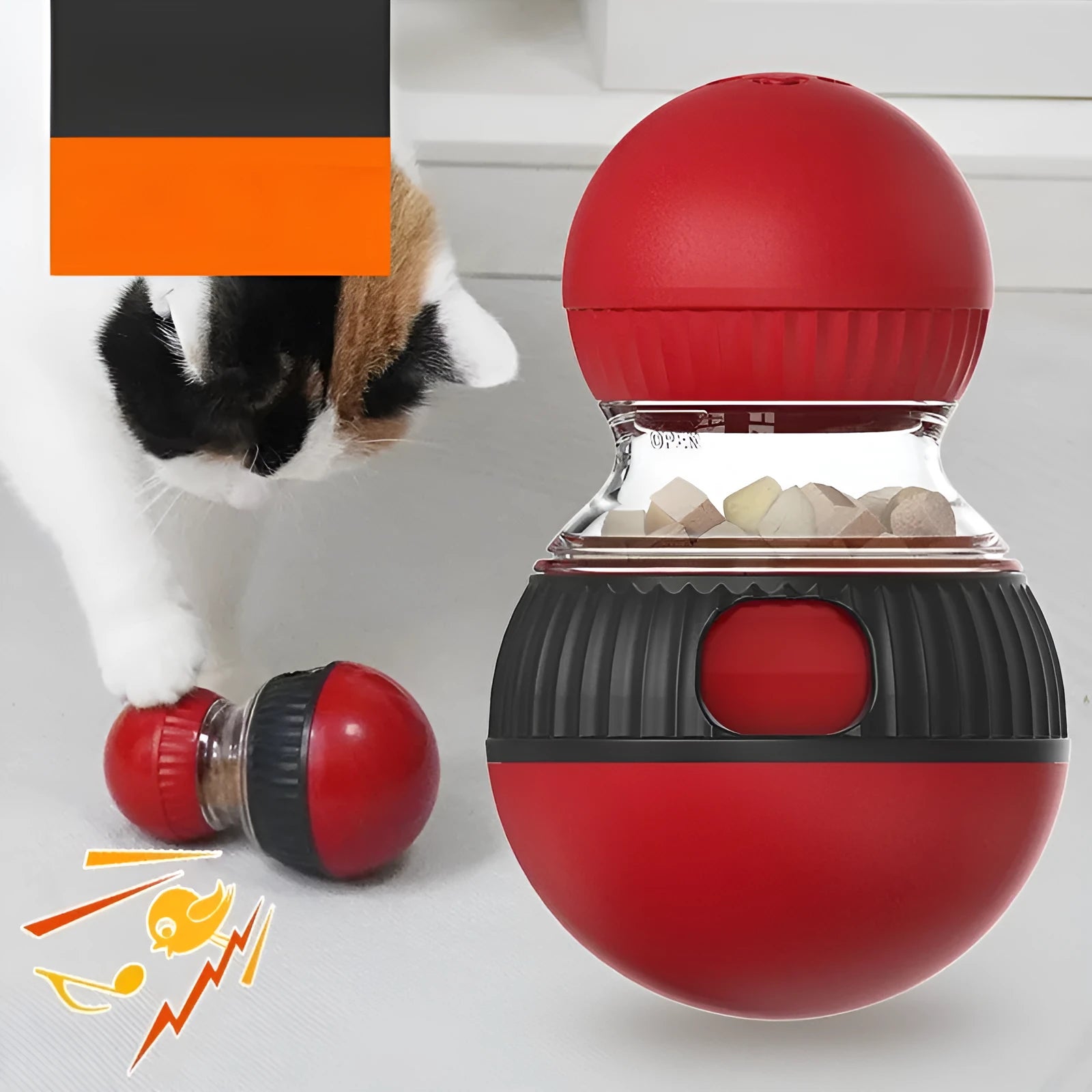 Colourful plastic rotating cat toy with a super ball and sound mechanism