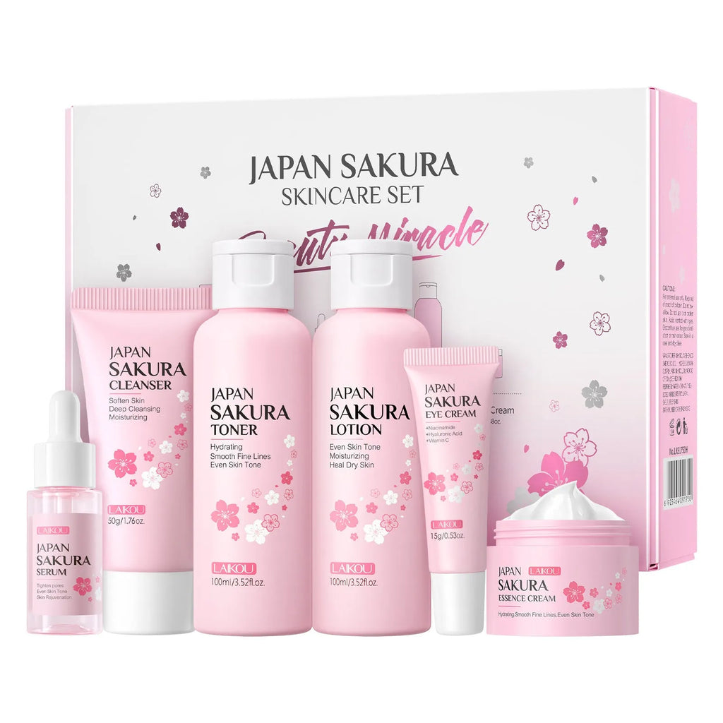 Cherry blossom skin care 6-piece set showing cleansing foam, toner, cream, essence liquid, eye cream, and essence cream