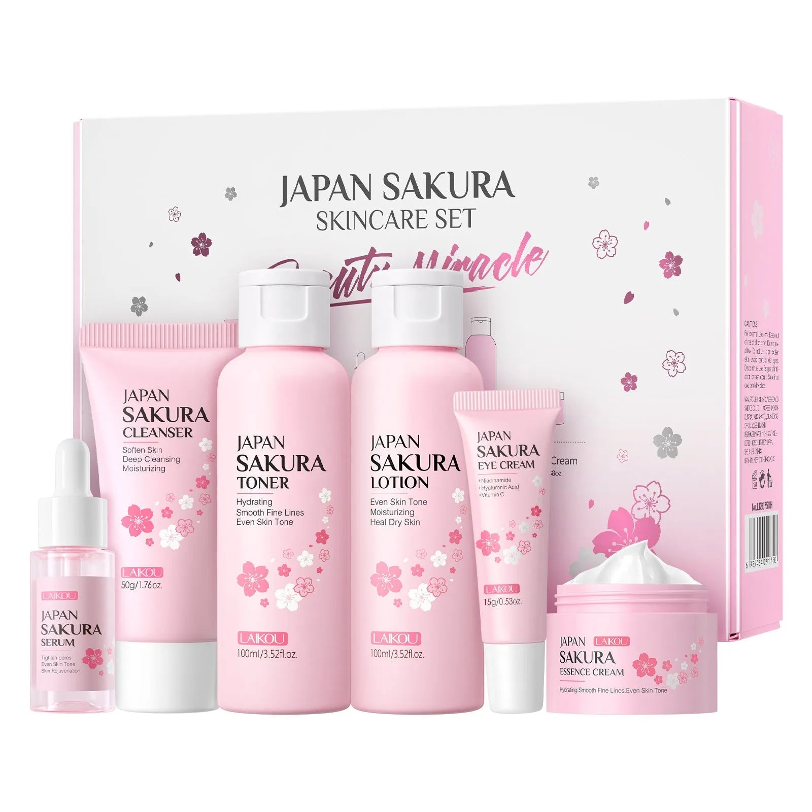 Cherry blossom skin care 6-piece set showing cleansing foam, toner, cream, essence liquid, eye cream, and essence cream