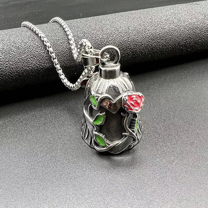 Polished titanium steel vintage motorcycle lucky bell with double-sided epoxy rose design in retro steel colour.