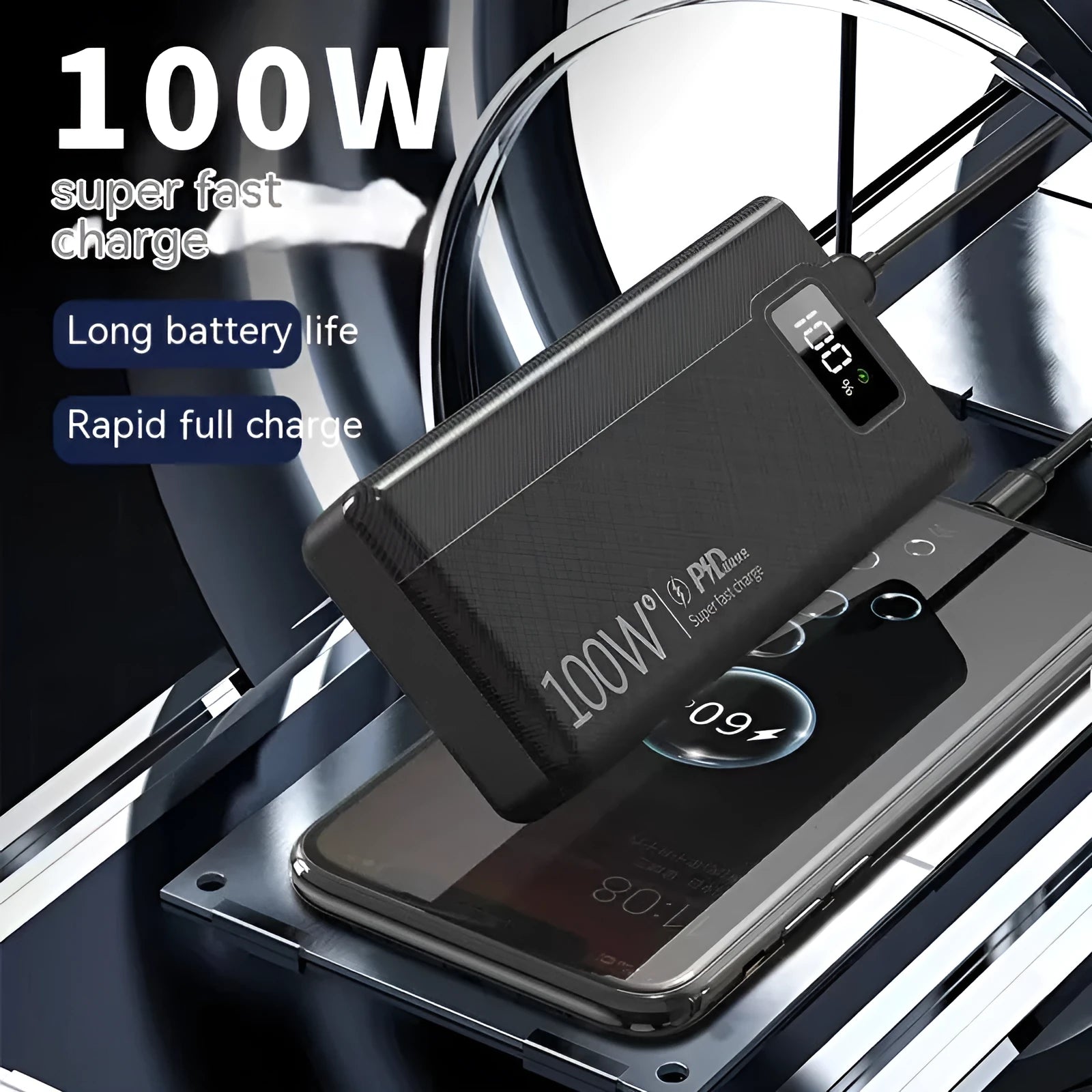 Large capacity black and white power bank with fast charging support showing size scale.