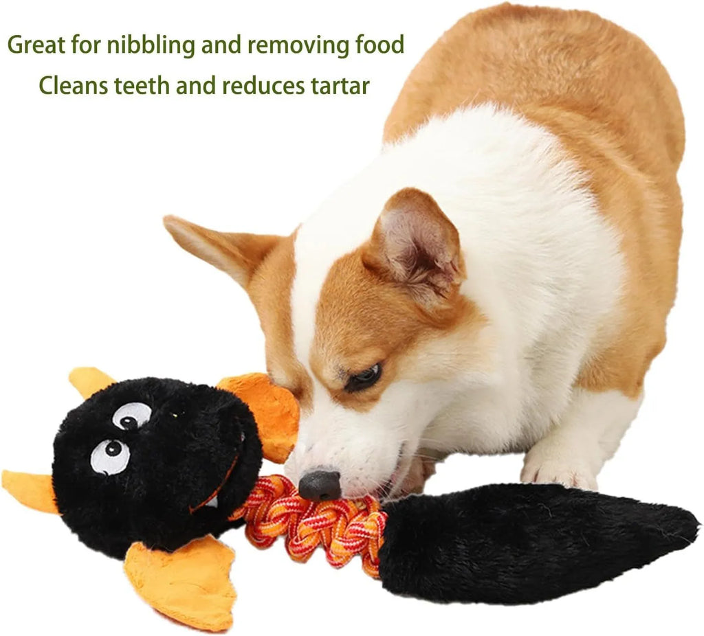 Large black, green, or red plush dog toy with cartoon design, measuring 44cm, featuring a squeaker and rope knot.