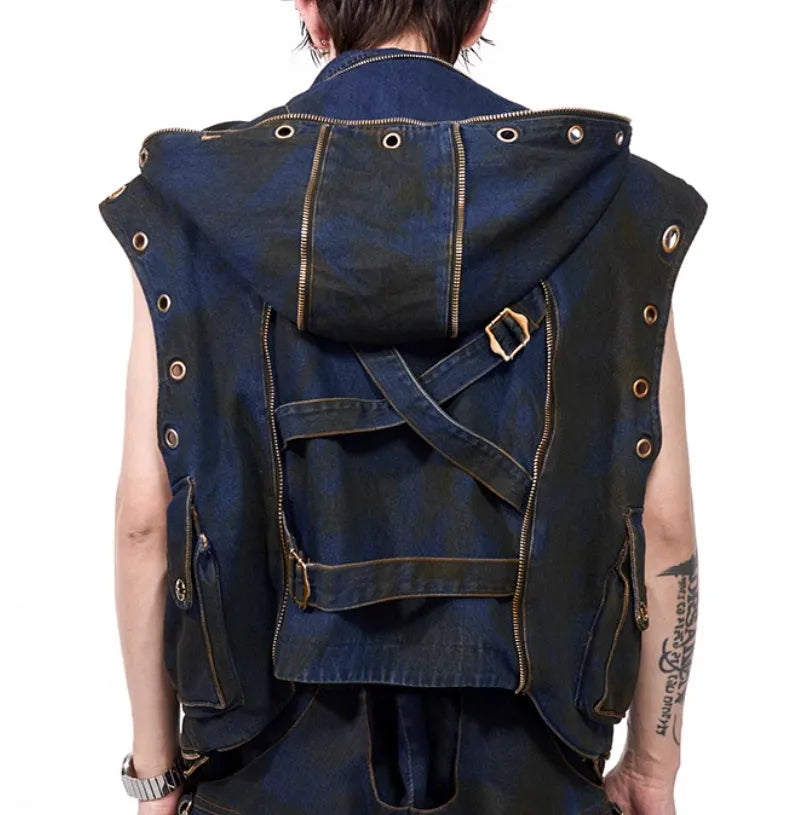 Blue Korean style hooded denim vest with matching trousers, zip-front closure, regular length cut