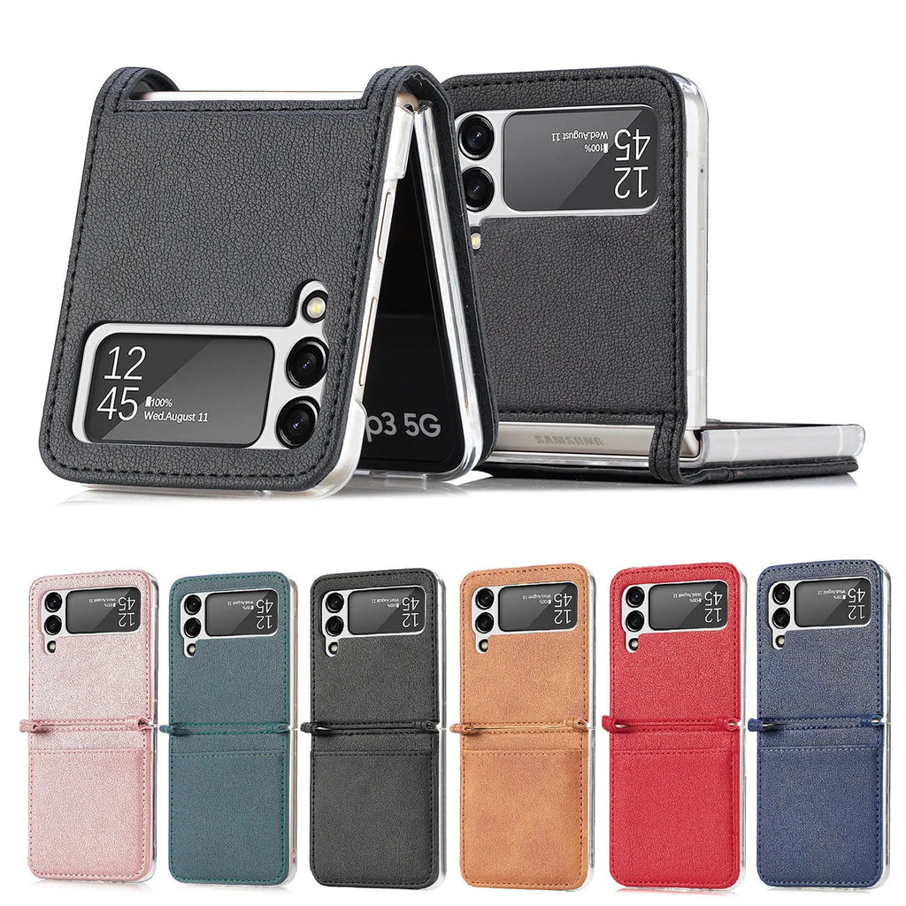 Leather card protective cover for Samsung Z Flip 3 5G with TPU frame and card slot in solid black colour