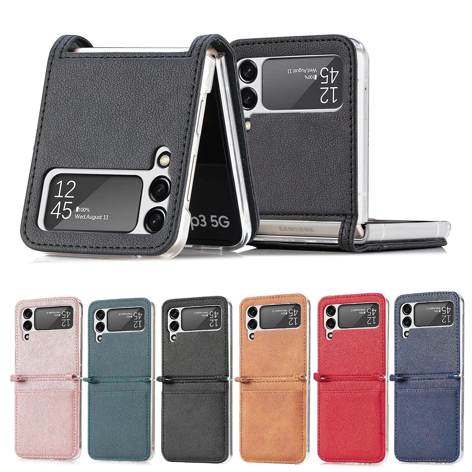 Leather card protective cover for Samsung Z Flip 3 5G with TPU frame and card slot in solid black colour