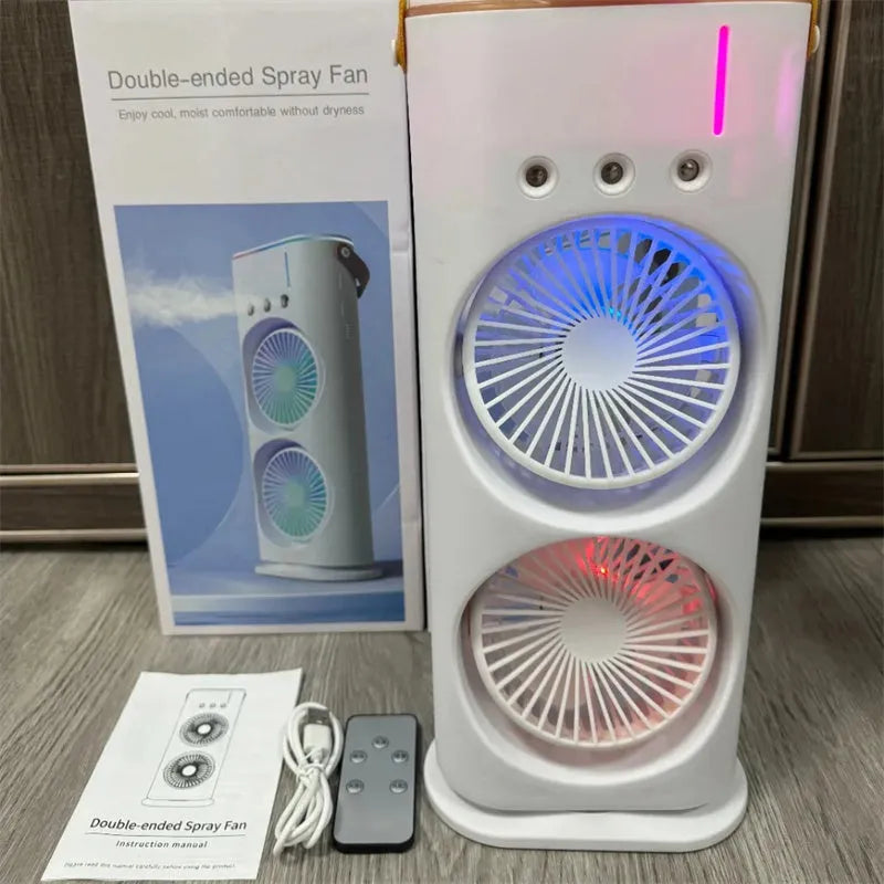 White portable air cooler with double fan design and humidifying spray function
