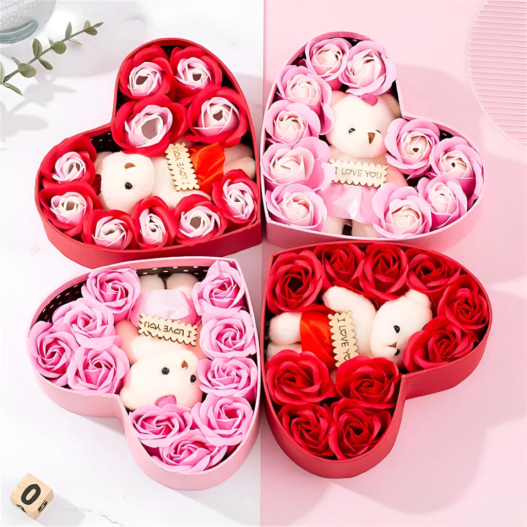 Red heart-shaped gift box containing soap roses for handwashing or bathing