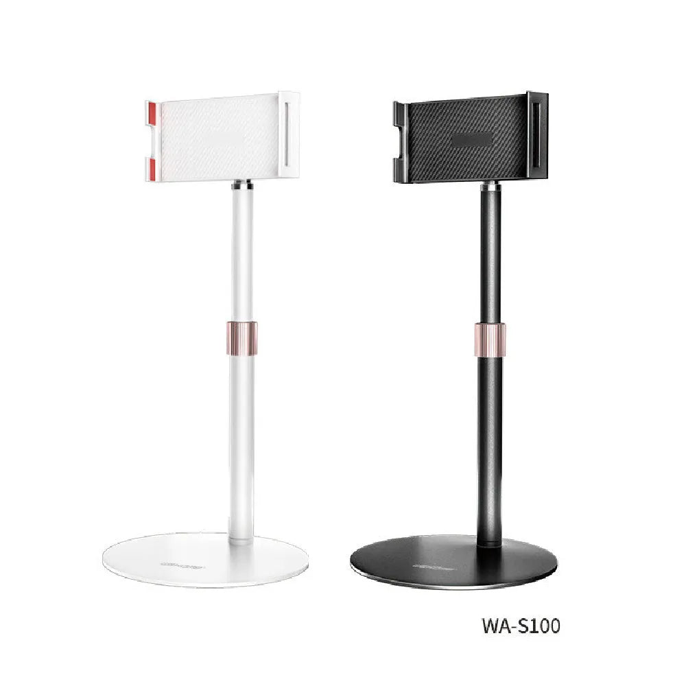 Black lifting metal bracket holding tablet with extended telescopic arm on desktop