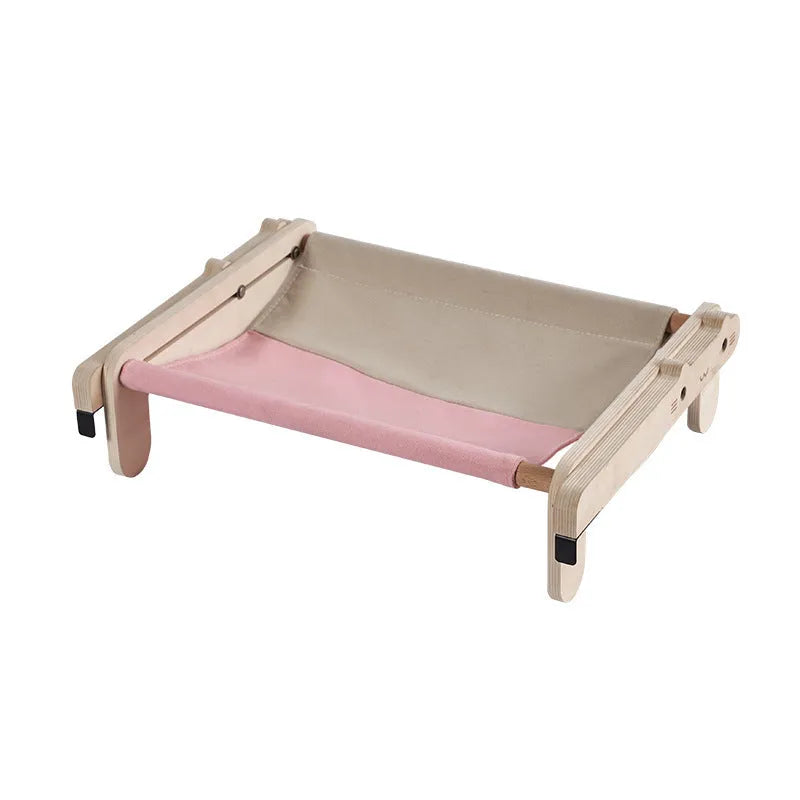 Solid wooden pet bed with removable fabric mat in grey blue colour option