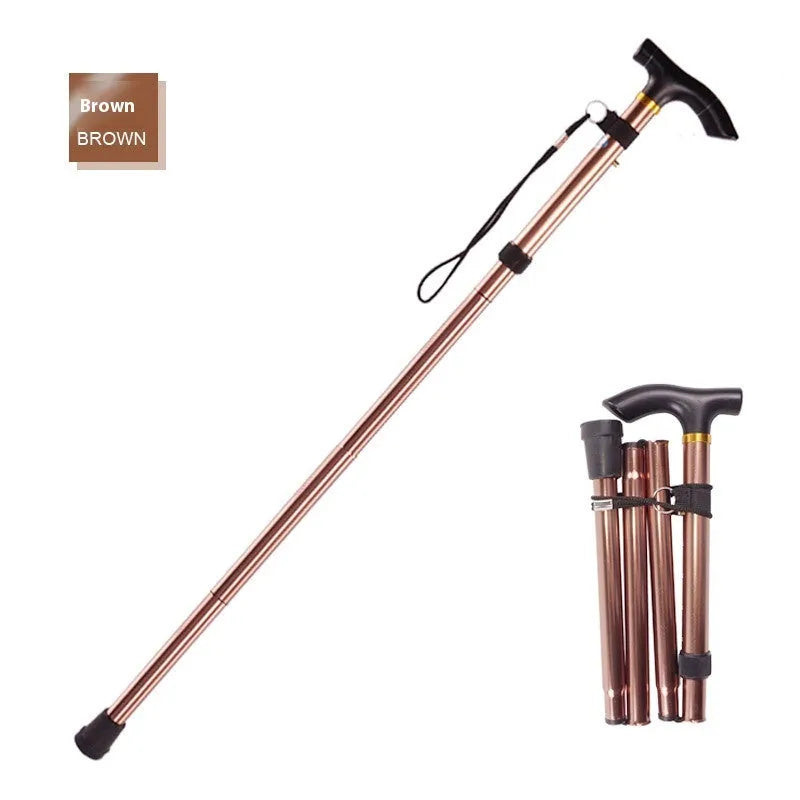 Adjustable aluminium folding walking cane in black with non-slip handle, shown extended and folded.