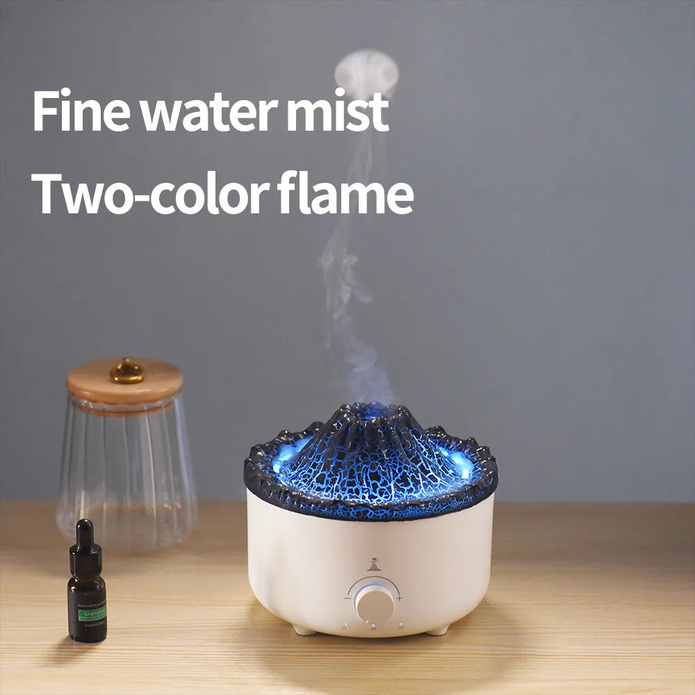 White simulated flame volcano humidifier and aroma diffuser with remote control