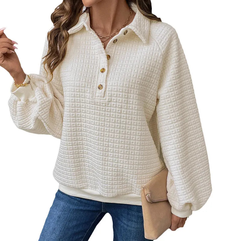 Women's milky white beige thickened polyester sweater with polo collar
