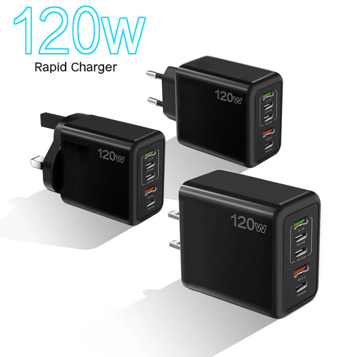 120W multi-port fast charger with five USB ports in white colour and UK three-pin plug