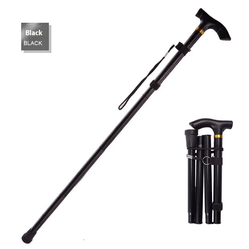 Adjustable aluminium folding walking cane in black with non-slip handle, shown extended and folded.