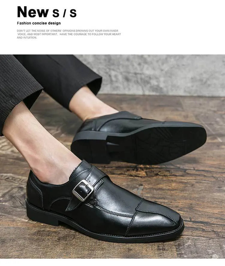 Men's brown blue retro style casual leather shoes with a buckle fastening.