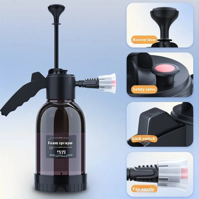 Black 2L foam watering can hand-held sprayer with trigger handle and two nozzles