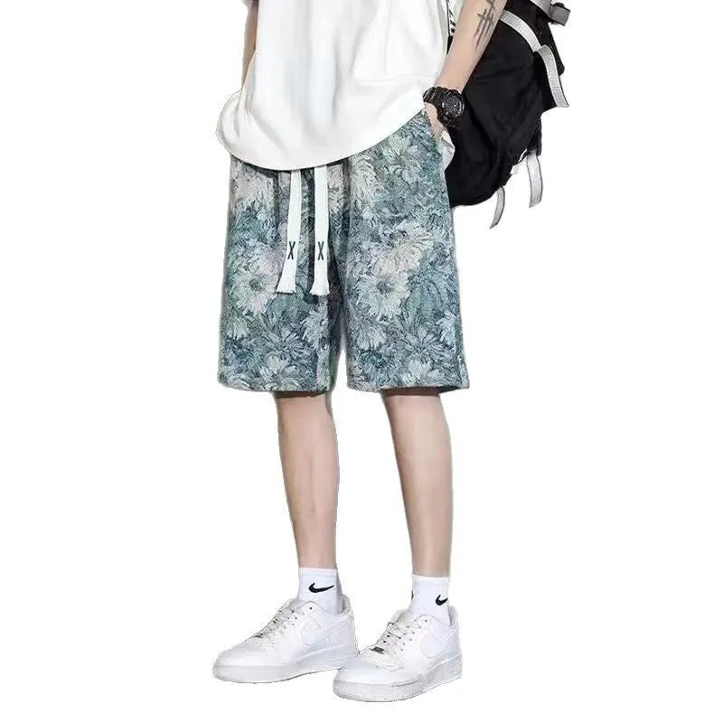 Men's polyester fifth pants shorts in Bear, Kitten, Blue Lotus, and Butterfly Love colours with Asian sizing