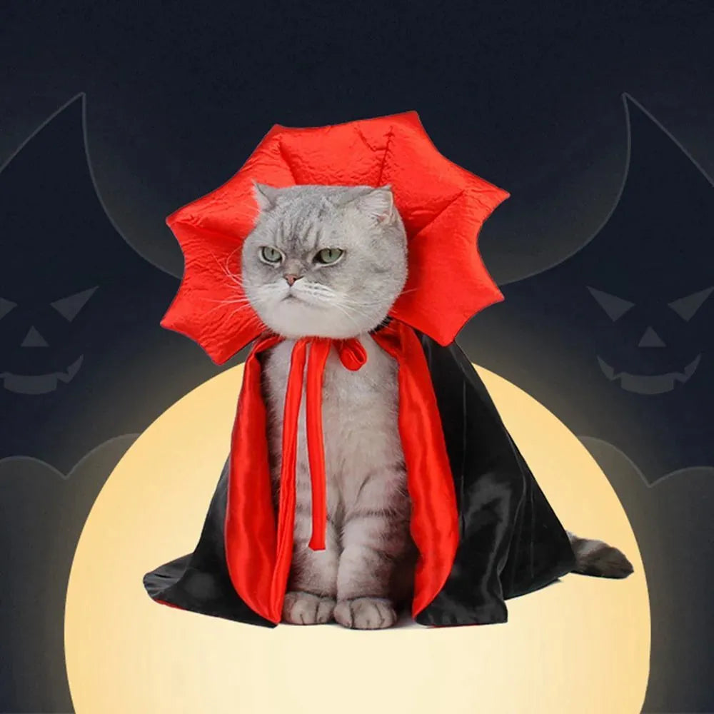 Halloween vampire cloak costume for small dogs and cats in three sizes with back length measurements