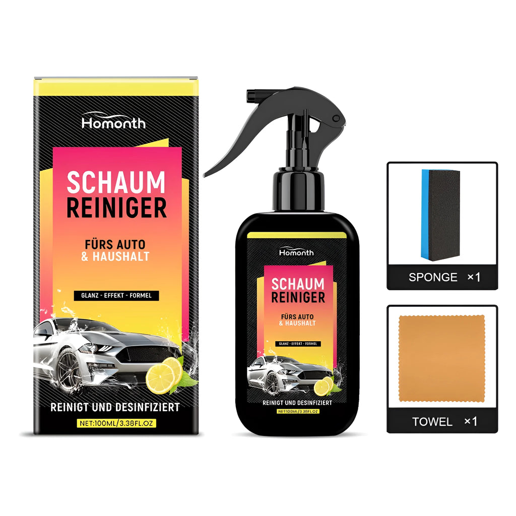 Foam cleaner spray bottle with microfiber towel and cleaning sponge on a table