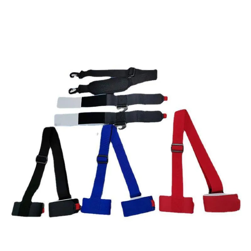 Adjustable black skiing bandage shoulder strap with hook and loop fastening for sled carrying.