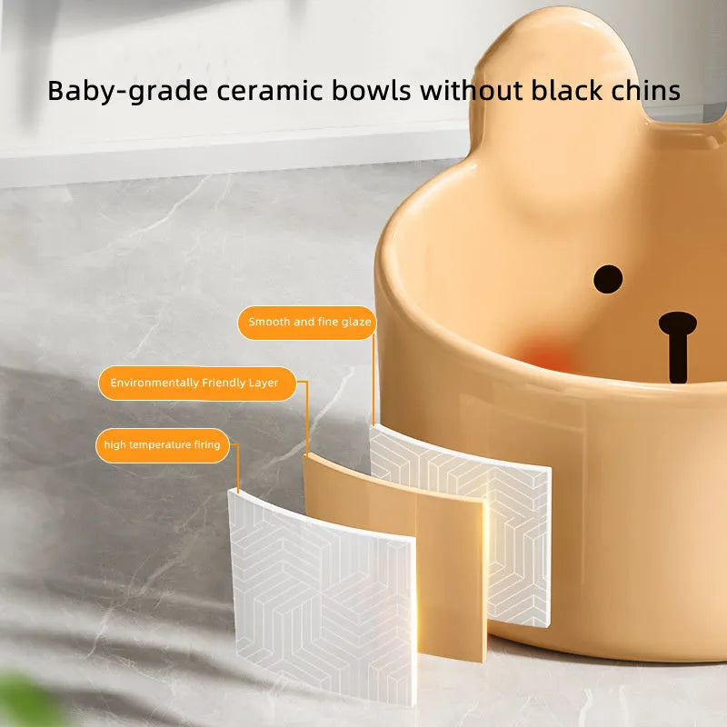 Ceramic pet feeding bowls with neck protection design in white and yellow colours