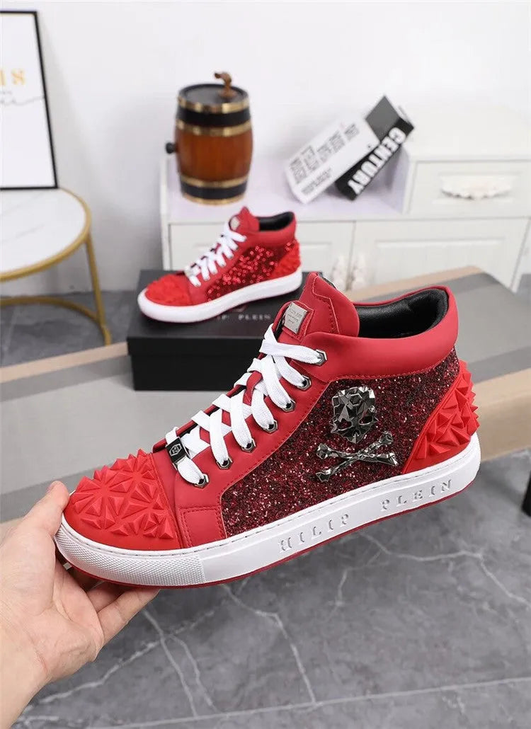 Men's black genuine leather high top skeleton shoes with red accents and a lace-up front.