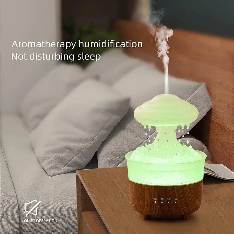 Wood grain finished rain cloud humidifier diffuser with coloured LED night light on table