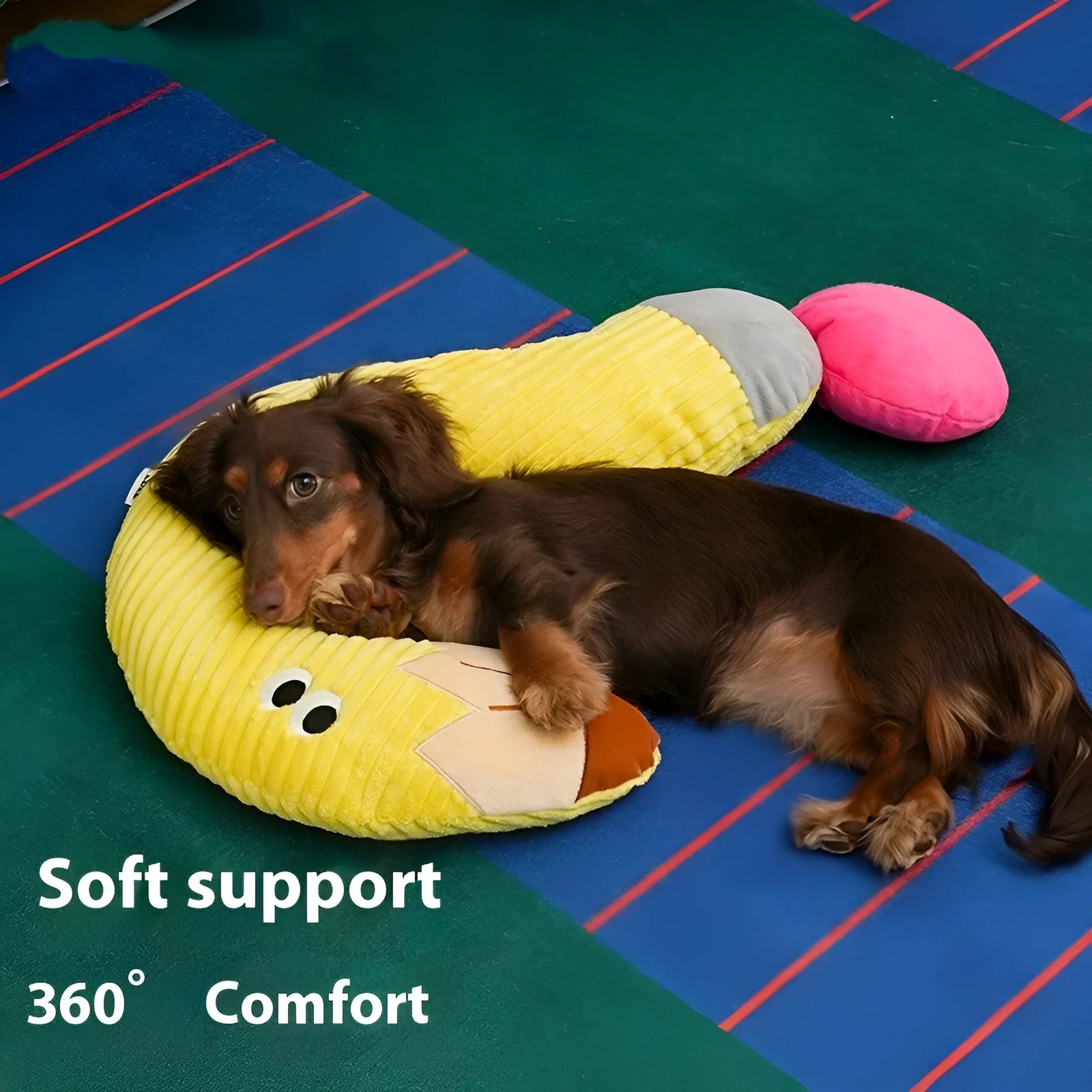 Fleece cloth pet pillow in pencil shape, 66cm long, on a neutral background