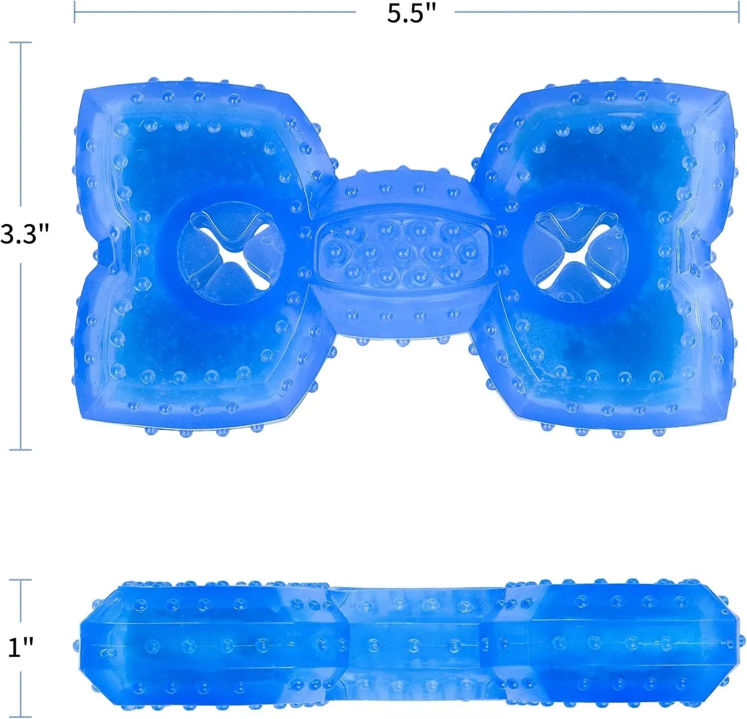 A durable bone-shaped and circle-shaped dog cooling chew toy on a blue background.