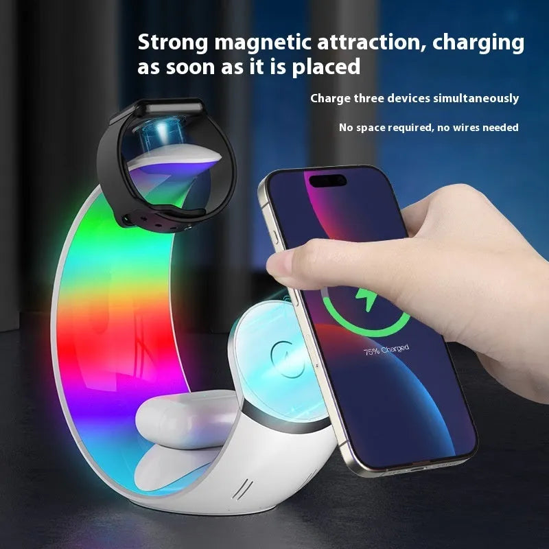 White wireless ambience light and fast charger with Type-C port for mobile devices