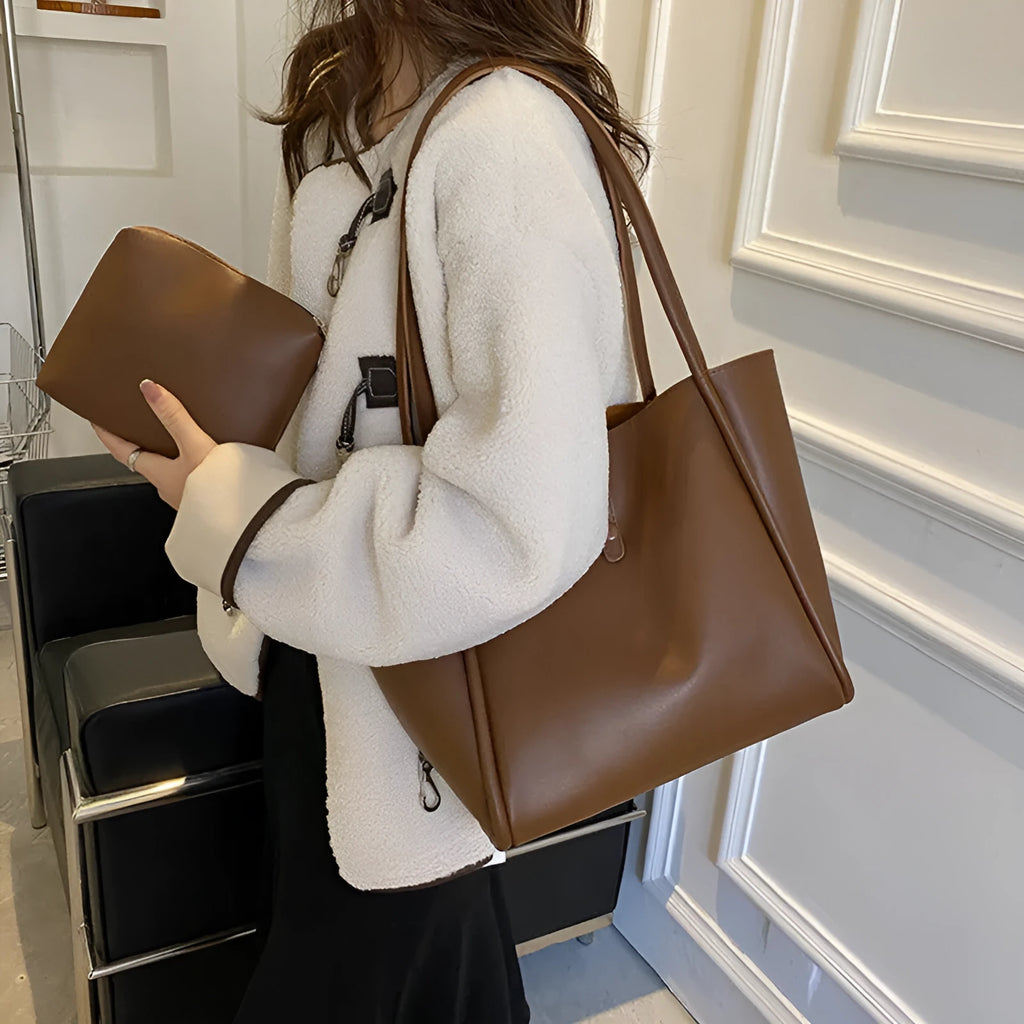 Casual large capacity PU tote bag for women in khaki with included wallet