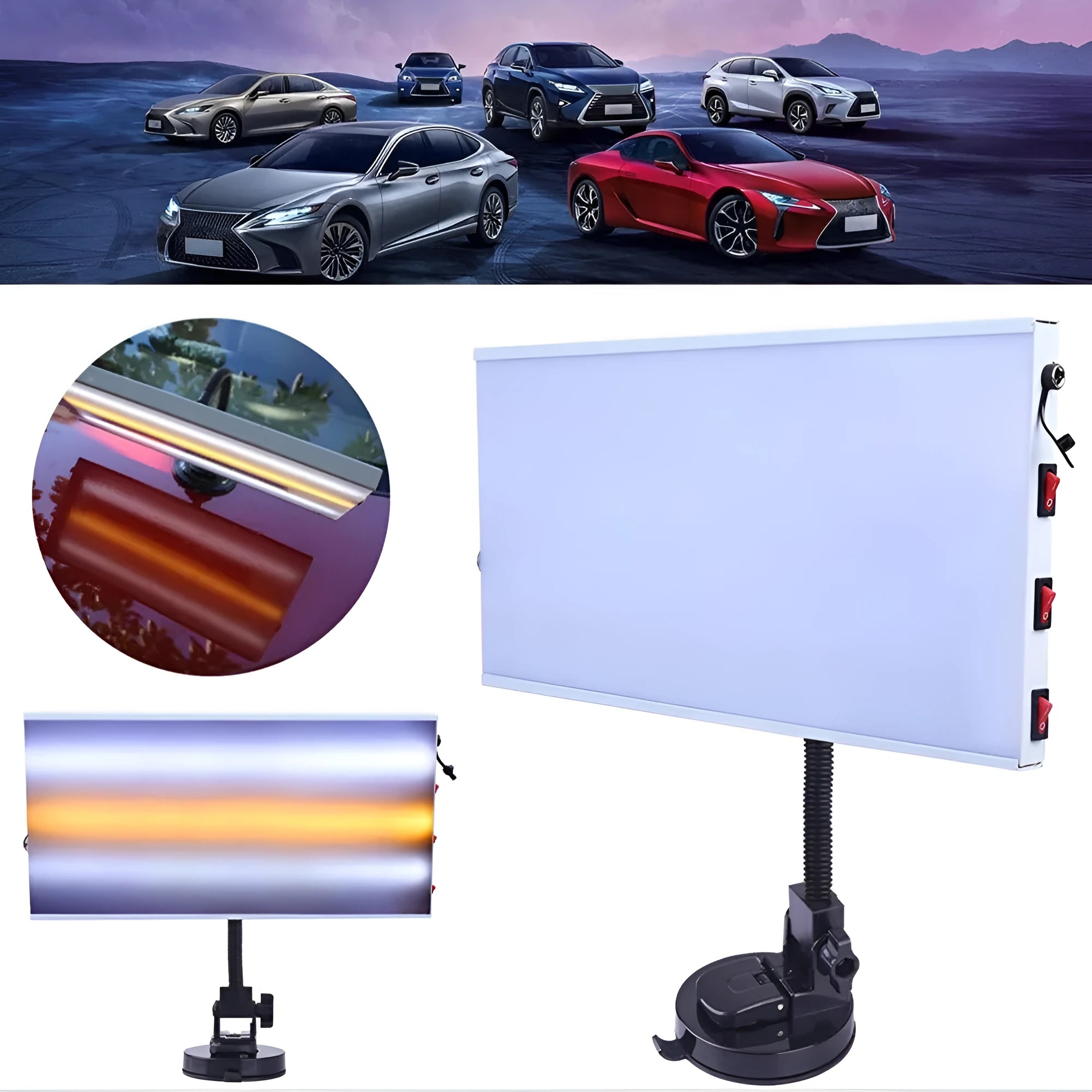 White MPT X009 car body dent repair detector kit with inspection light and magnetic base on a vehicle panel.