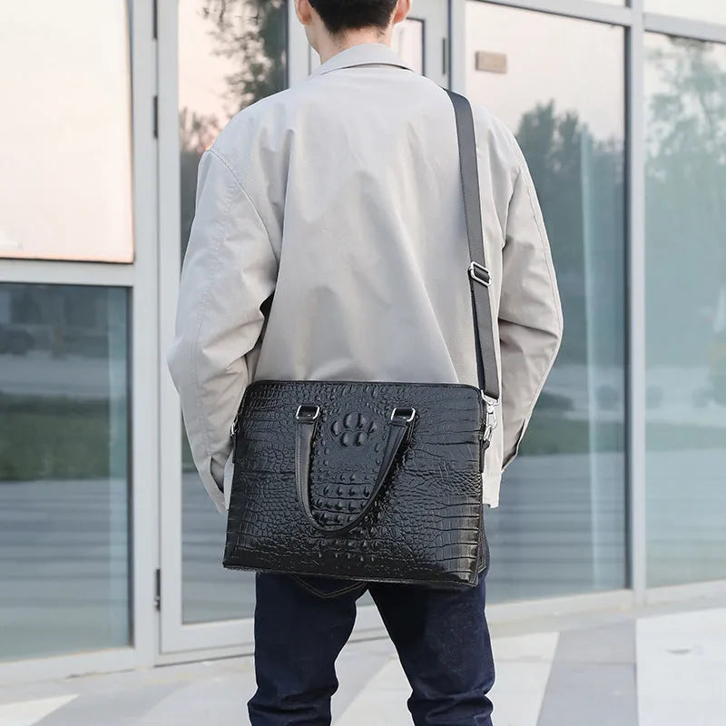 Men's black genuine leather crocodile pattern shoulder briefcase with stitching details