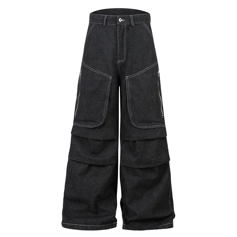 Black multi-pocket pleated work trousers made from non-stretch denim fabric on a mid waist.
