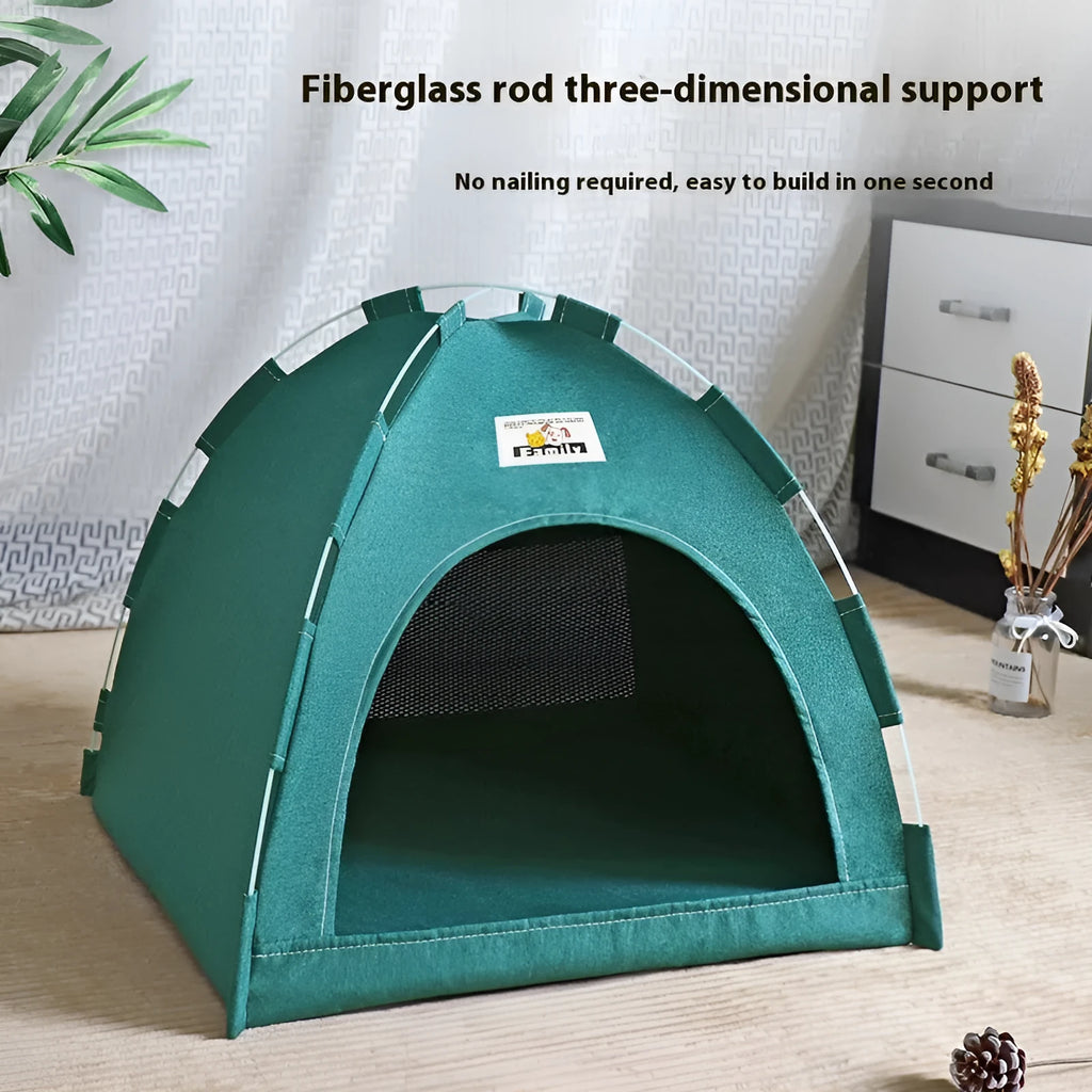 Grey tent-style pet bed for cats and small dogs with removable washable cover.