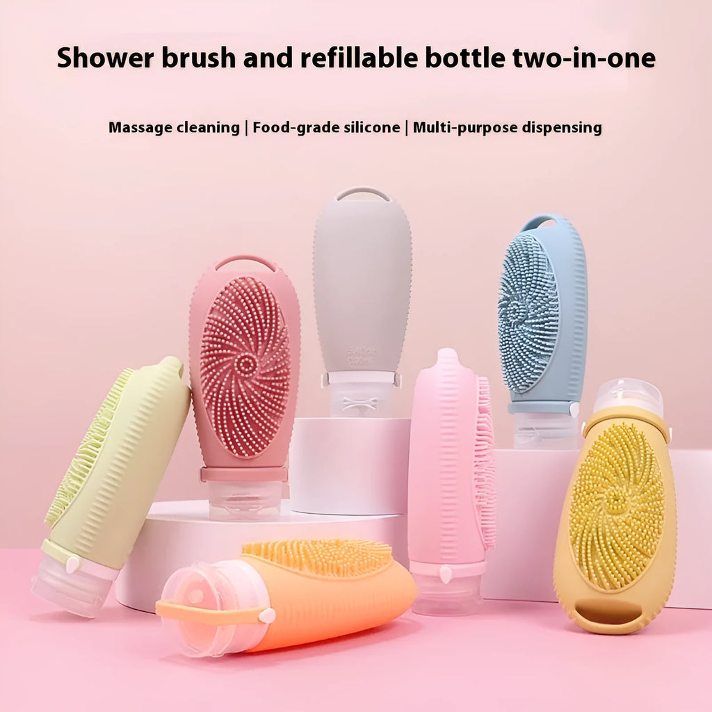 Creative silicone bath brush storage bottle in light grey colour on a bathroom shelf.