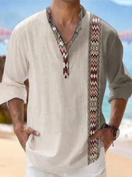 Men's thin striped Hawaiian long sleeve shirt in cardigan style on a hanger